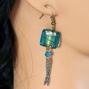 Glass wire pierced earrings, foil/red stripe blue jewelry